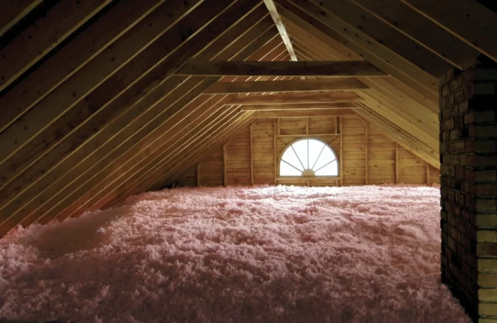 Attic space with exposed wood framing and blown-in insulation covering the floor.